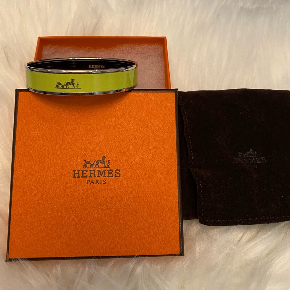 SOLD Neon green and silver Hermès enamel bangle